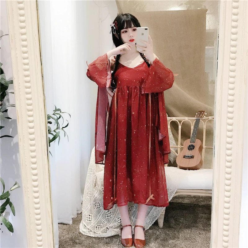Платье Лолиты Kawaii платье для женщин японская милая Лолита позолоченное платье на бретелях+ солнцезащитное пальто куртка из двух частей милый