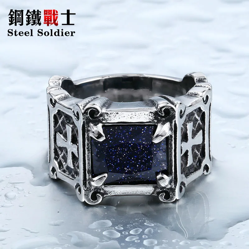 blue stone Стальное солдатское смешанные цвета ювелирных изделий много старинных монахов мужской двойной крест кольцо с камнем красный/синий/черный Мода - Цвет основного камня: blue stone