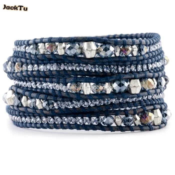

latest design crystal mix silver bracelet on blue leather