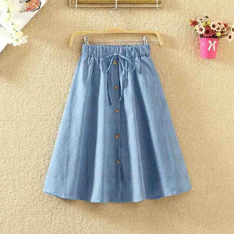 High Waist Retro Fashion Women Skirt Pleated Striped Midi Vintage Denim Single Breasted 2019 New Arrival | Женская одежда