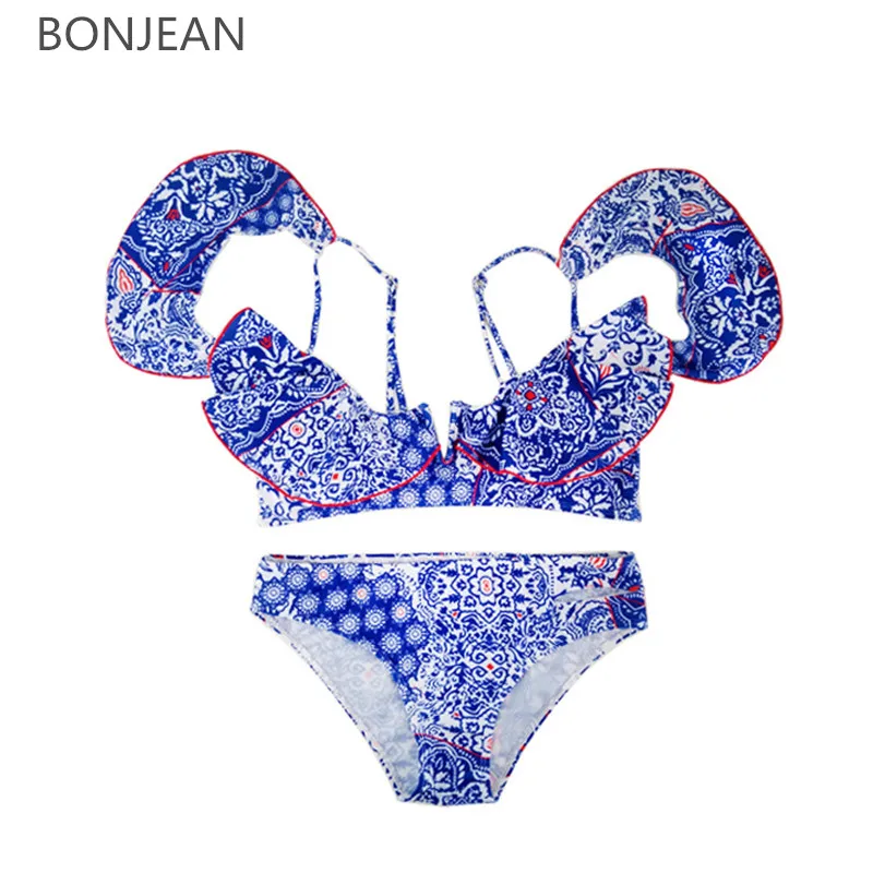 2018 New Bikini Set Women Bandage Push Up Swimsuit Low Waist Backless Swimwear Print Blue Summer Beach Swim |