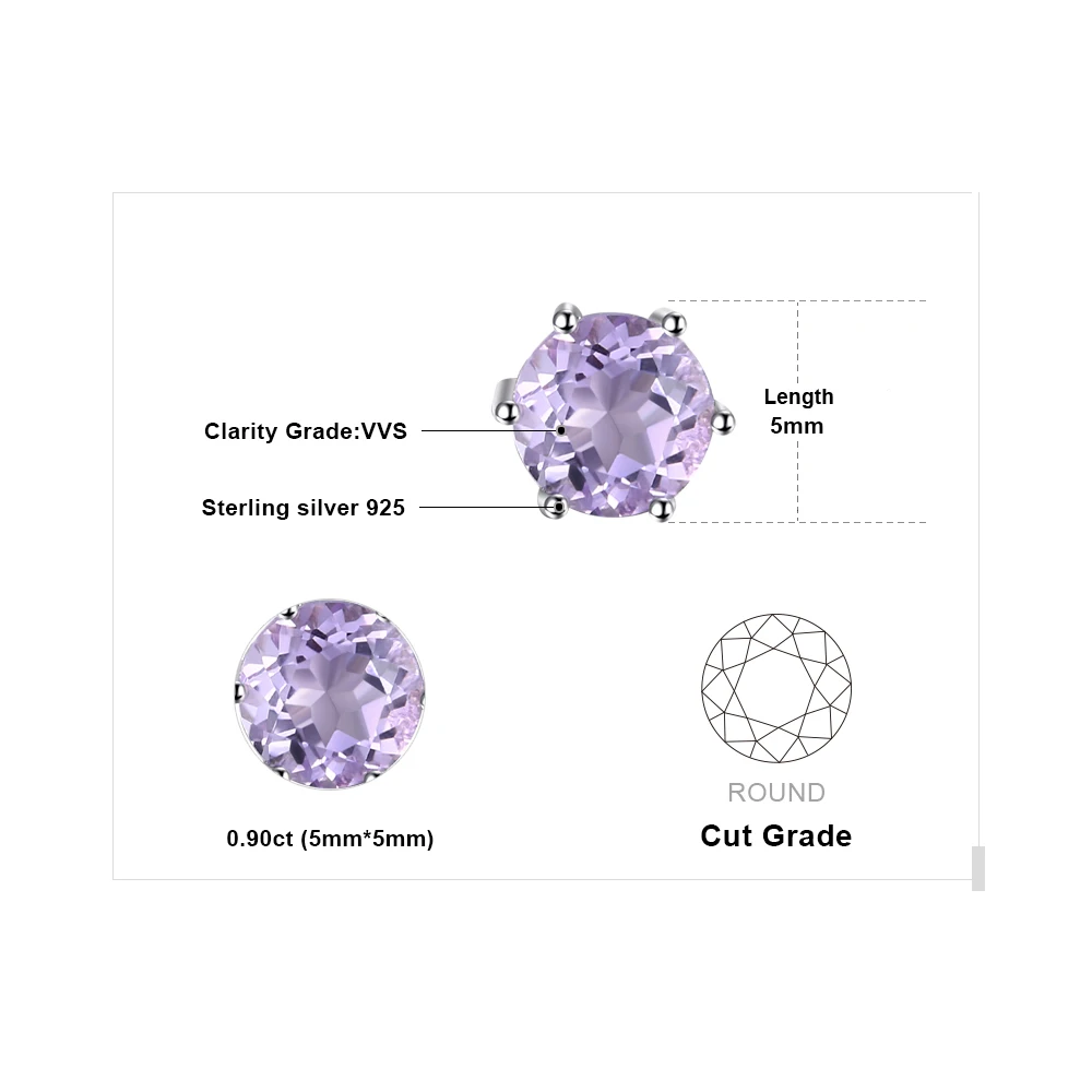 JewelryPalace круглый 0.9ct натуральный аметист серьги гвоздики Твердые 925 пробы серебро ювелирные украшения для женщин