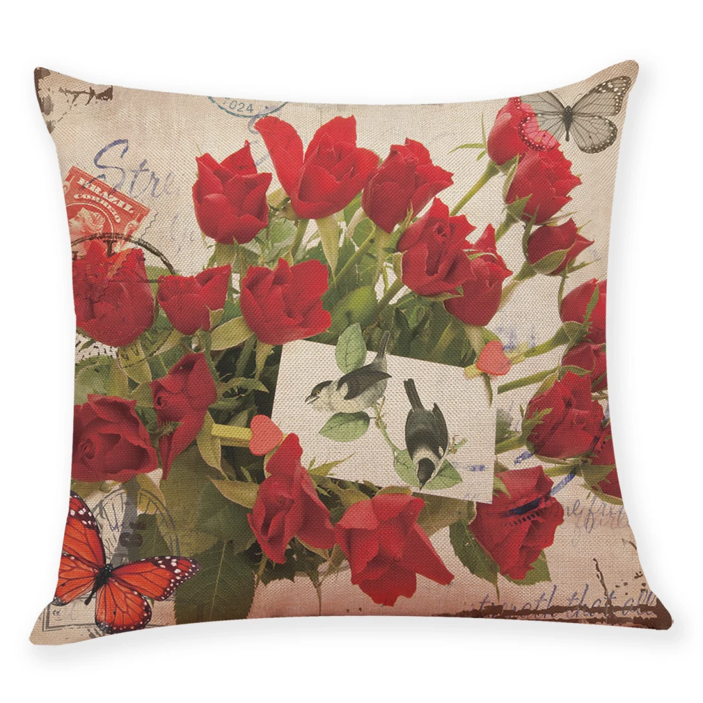 Fresh Flower Rose  pillow Cover 45x45cm Polyester and linen Single-sided printing   Home Decration pillow cushion Case