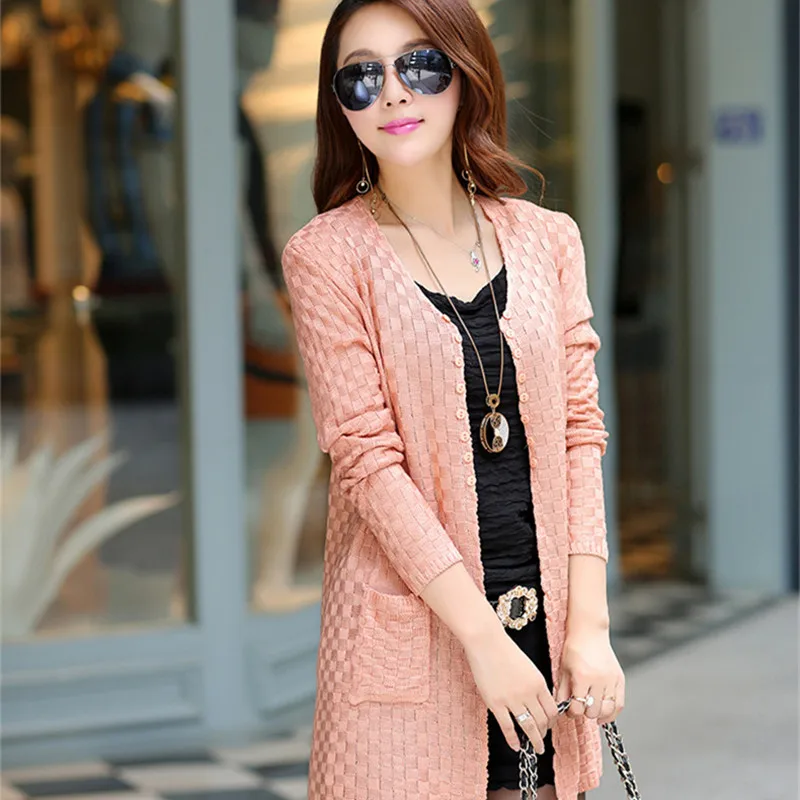 Long Spring Cardigan With Pockets Female Sleeve Knitted Cardigans Feminino Tops Plus Size Pink Sueter Mujer |