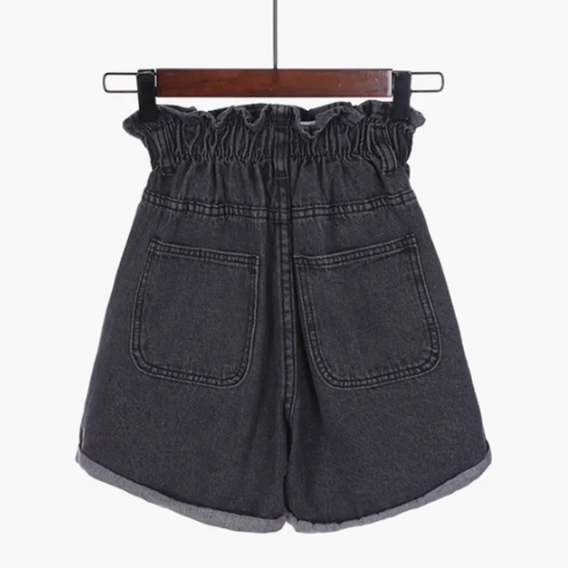 Black S-5XL Korean Women's Shorts Plus Size Elastic High Waist Denim Shorts Women Loose Crimping Jean Shorts Summer Short Pants Women - Color: Black