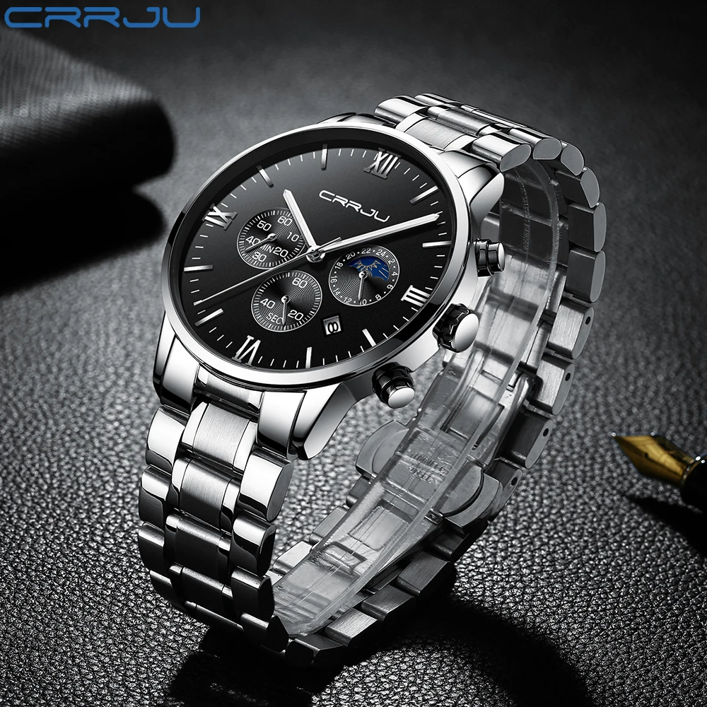 

Graceful White Roman Dial Watches Fashion Design 24 Hours Show Fine Stainless Steel Wrist Watch CRRJU Brand Mens Quartz Watch