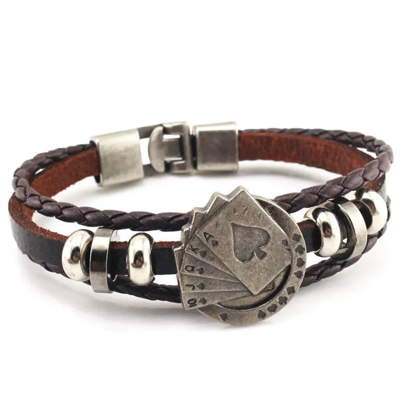 FIONTO Lucky Vintage Men's Leather Bracelet Playing Cards Raja Vegas Charm Multilayer Braided Women Pulseira Christmas Gifts | Украшения