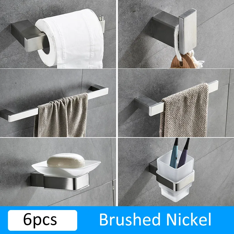 6pcs Brushed Nickel Матовый черный держатель для бумаги из нержавеющей стали для ванной комнаты, держатель для полотенец, держатель для зубных щеток, набор аксессуаров для ванной - Цвет: 6pcs Brushed Nickel