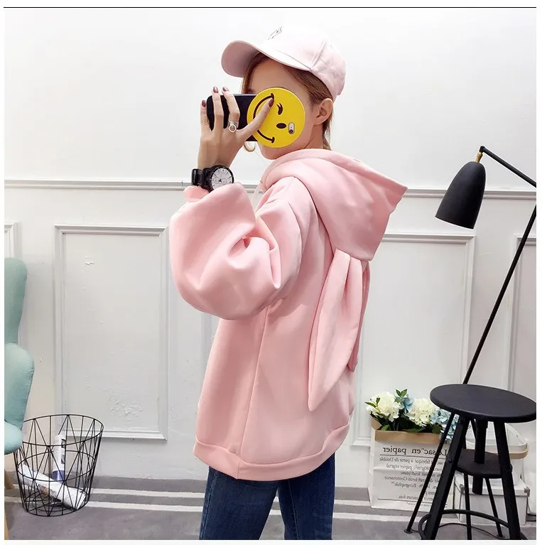 2018 Kawaii уши кролика толстовки Для женщин мультфильм вышивка с капюшоном Sweatershirt