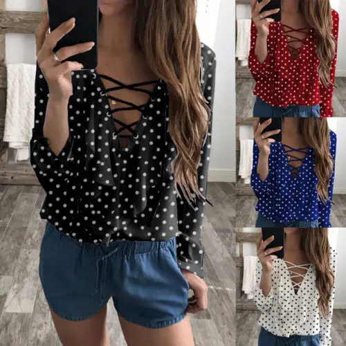 Женская блузка с длинным рукавом V образным вырезом и принтом в горошек|shirt top|ruffle
