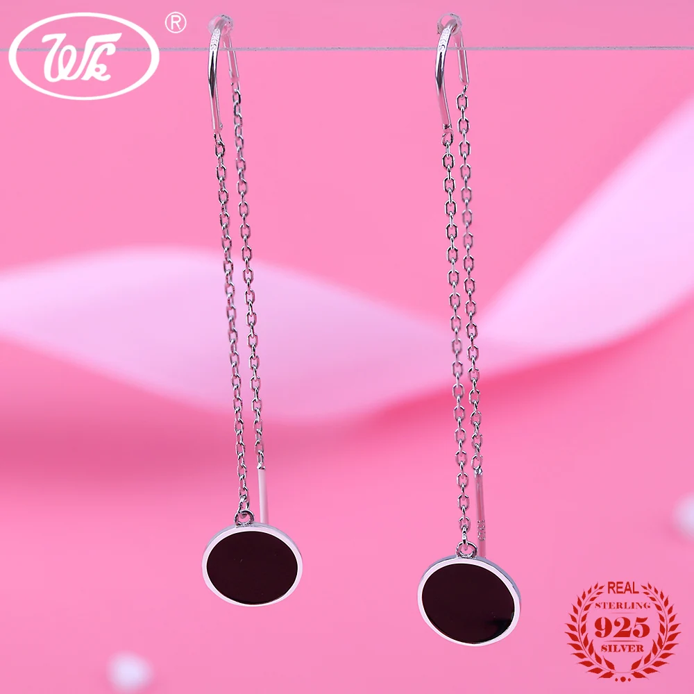 WK 925 Sterling Silver Long Black Round Drop Earrings For Women Girls Ladies Charm Ethnic Simple Earring Chain Wholesale EB015 | Украшения