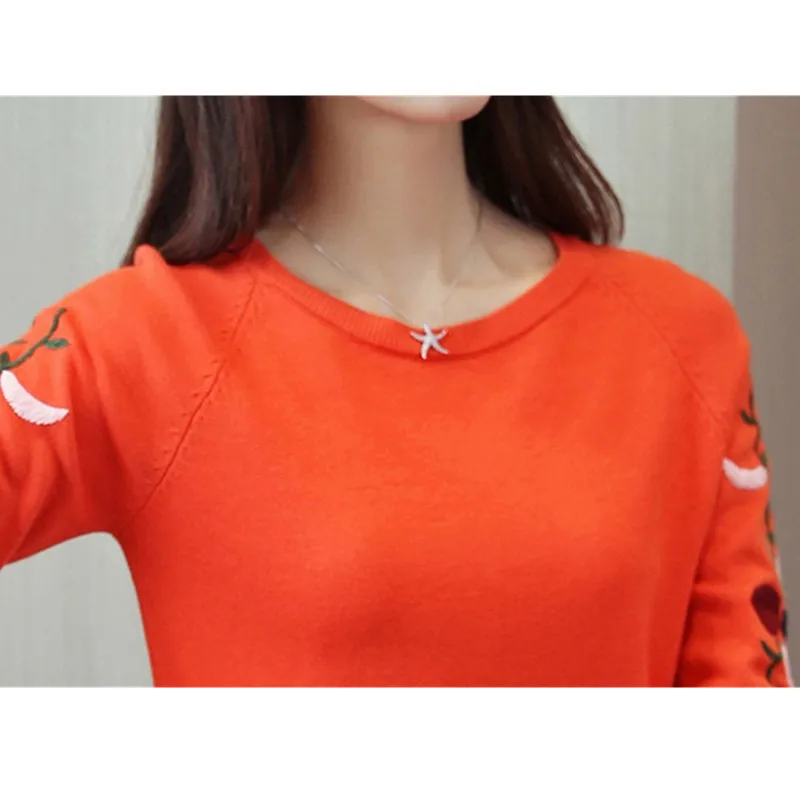 Женский короткий свитер с вышивкой повседневный вязаный пуловер длинным рукавом