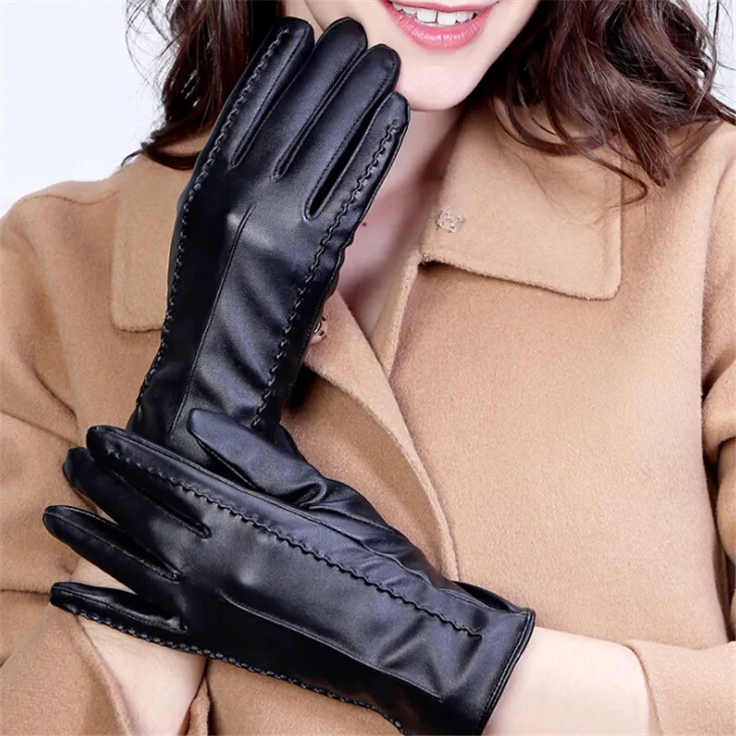 

YRRETY Winter Fashion Touched Screen PU Thicked Leather Gloves Women Mittens Warm Gloves For Woman Winter Solid Color Glove