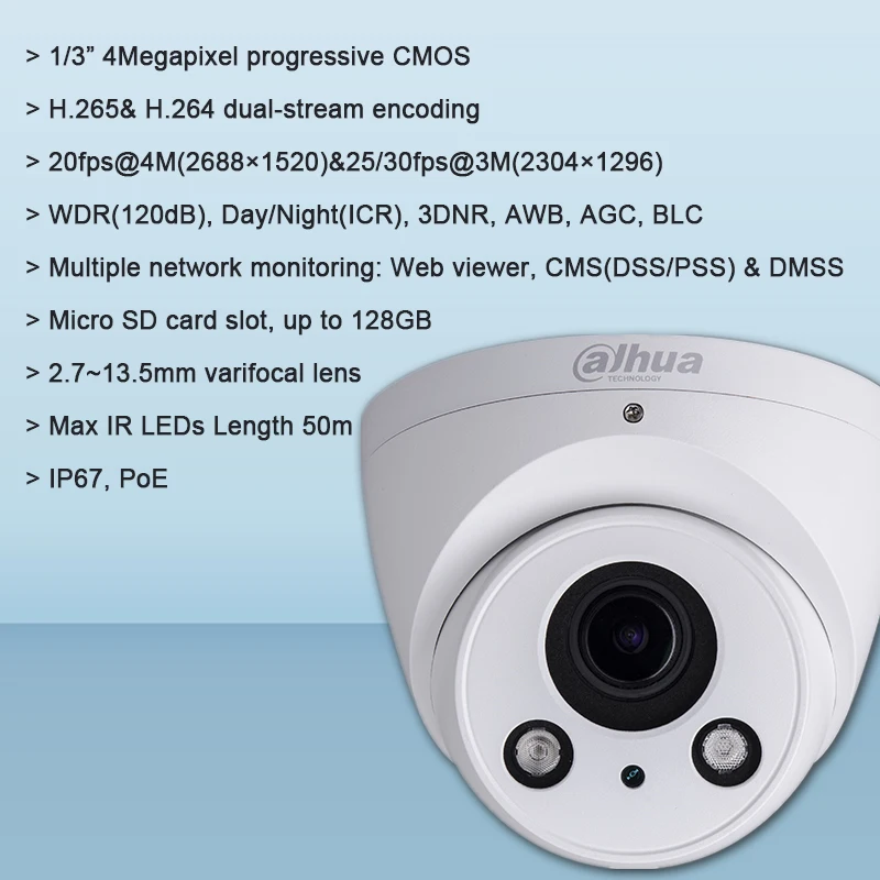 Оригинальная сетевая камера Dahua IPC HDW2431R ZS 4 Мп IR Eyeball с максимальной длиной ИК