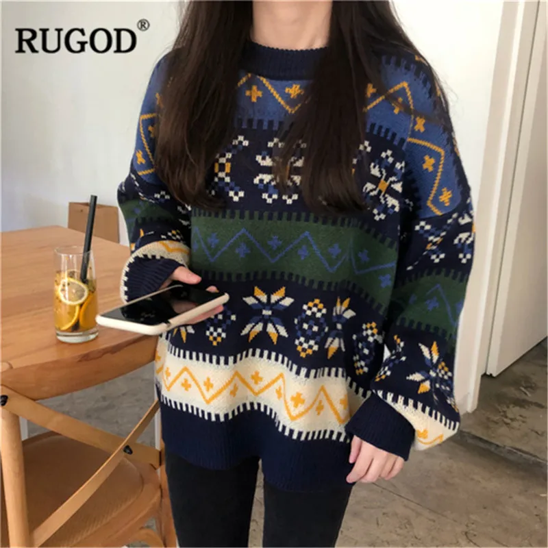 RUGOD Women 's Sweater Christmas O-neck Long Sleeve Vintage Loose Pullovers Casual Lady Fluffy 2019 Winter | Женская одежда