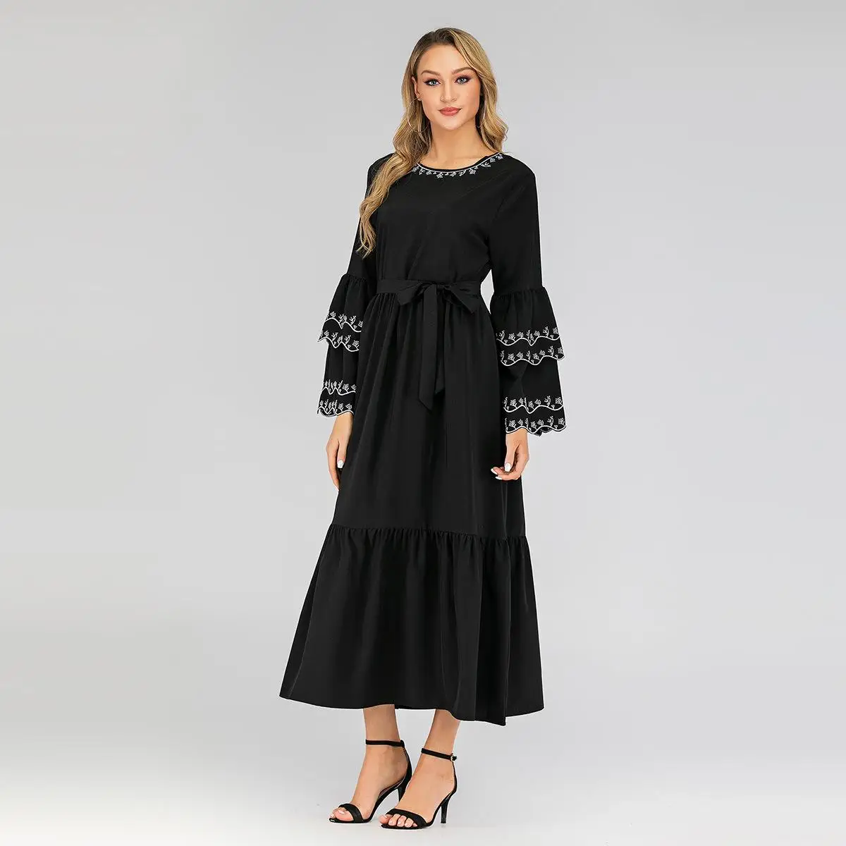 Abaya Women Muslim Long Sleeve Maxi Dress Islamic Arab Loose Robes Lady Gown Ruffle Puff Draped Design O-neck Dubai | Тематическая