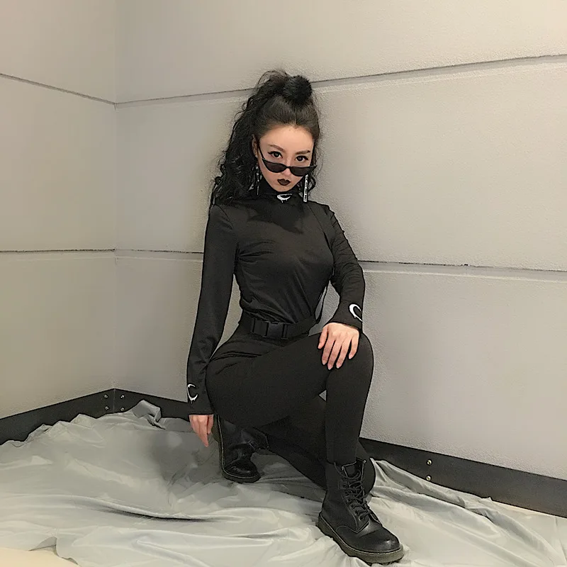 Новое поступление осень зима Harajuku черные белые футболки с принтом Луны с длинным рукавом женская футболка водолазка тонкая рубашка Топы футболки