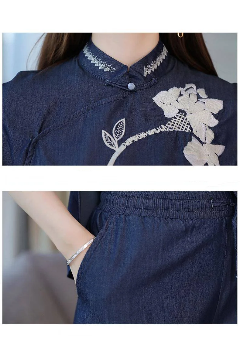 Летние женские брючные костюмы комплекты из 2 предметов китайский Топ Cheongsam блузка и широкие брюки набор с коротким рукавом женские офисные