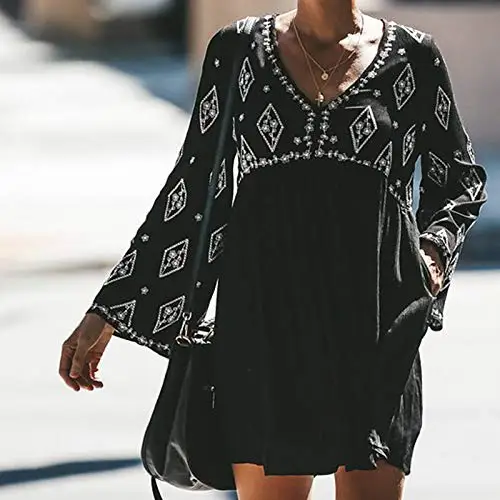 Women V-Neck Loose Long Sleeve Printed Short Dress Backless Button Pocket Pure Color Pleated Mini Black | Женская одежда