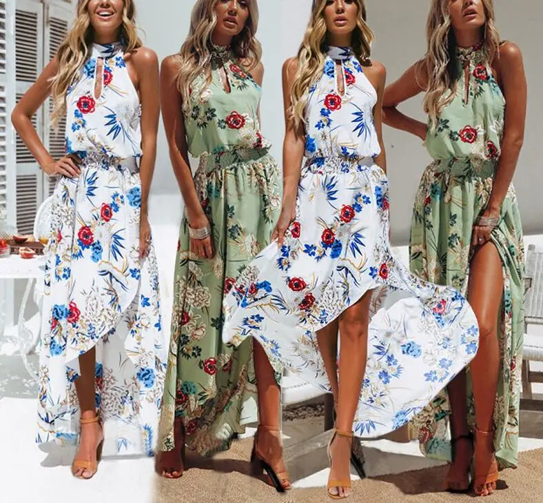 Женское длинное платье без рукавов Boho Пляжное с цветочным принтом и Боковым