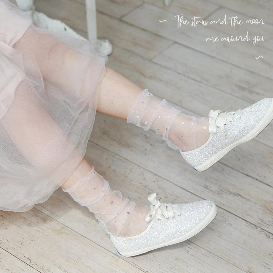 Summer New Fashion Design Thin Transparent Silk Women Socks White Shining Tulle Mesh Long Funny Korean Hosiery | Женская одежда