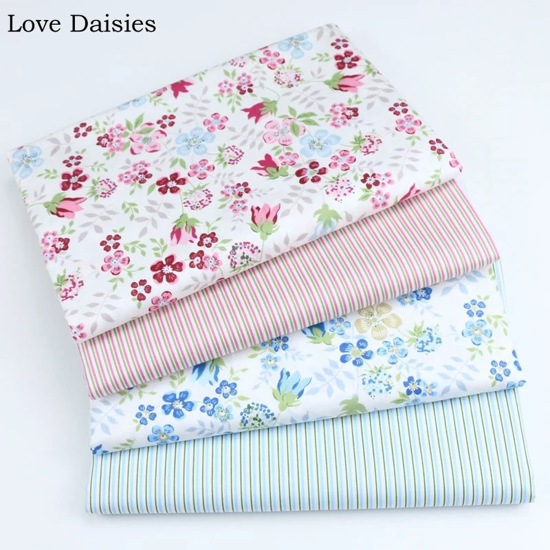 100% хлопок Twill Ткань Розовый Фуксия Синий маленькие цветы полоса ткань для DIY