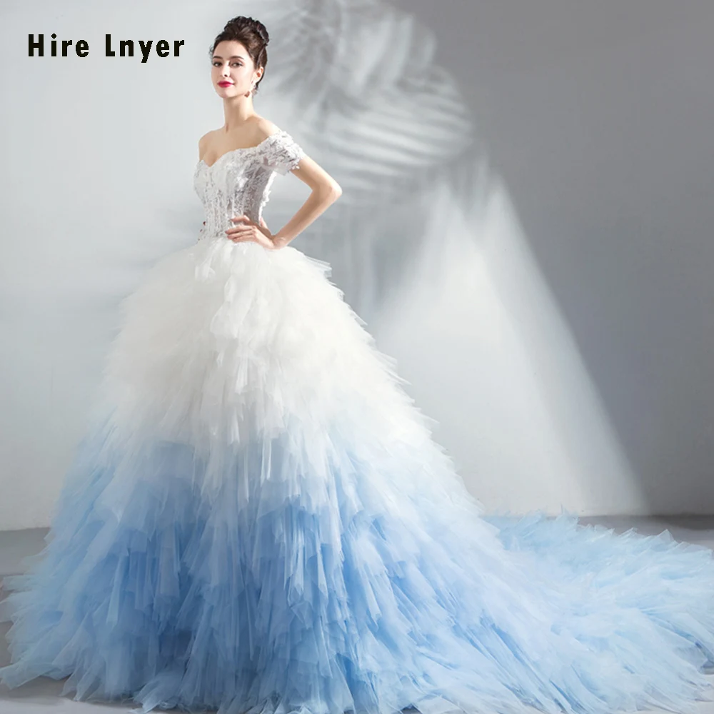 Robe De Mariee Princesse De Роскошная с открытыми плечами, с короткими рукавами, бело-синяя юбка, бальное платье принцессы, свадебные платья