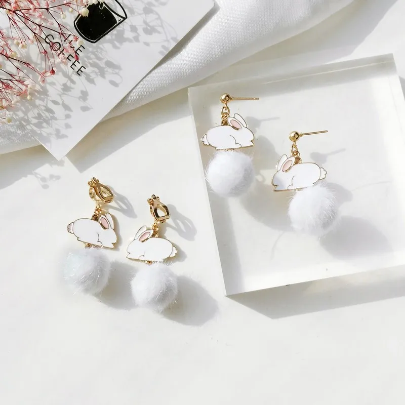 Brincos Para As Mulheres Qiu Dong Earrings Japan And South Korea Girl Sweet Ins Cute Animals Rabbit Hair Bulb Stud | Украшения и