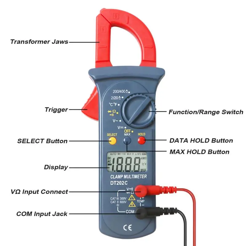 DT202C цифровые клещи/DC Ток Напряжение Авто Диапазон сопротивления непрерывность