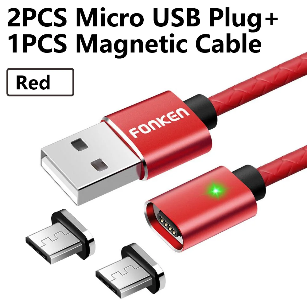 2 Plug 1 red cord Магнитный кабель Micro USB FONKEN, магнитный кабель Mini USB для мобильного телефона, быстрое зарядное устройство, 1 м, макс. 2,4 А, светодиодный кабель для зарядки и синхронизации данных - Цвет: 2 Plug 1 red cord