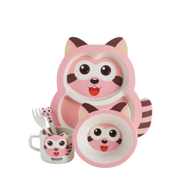 Pink Set 5 шт./компл. детское блюдо тренировочные посуда для детей милый енот кормления Еда посуда столовая посуда для детей с чаша ложка Вилка тарелка - Цвет: Pink Set