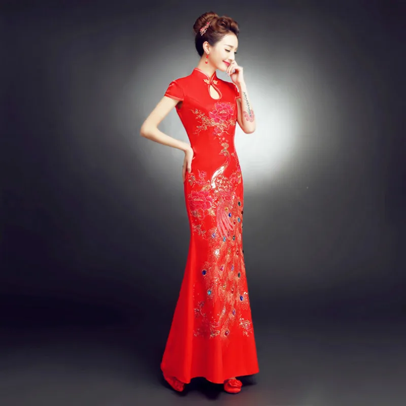 Gules невесты Cheongsam жениться Вечернее Платье Весна длинным Фонд рыбий хвост