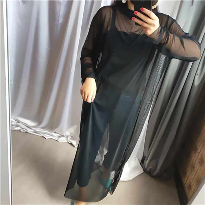 [EAM] New Autumn Winter High Collar Long Sleeve Black Mesh Perspective Colorful Long Big Size Dress Women Fashion JU790