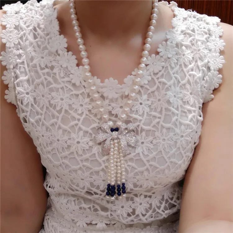 Hand knotted natural 8-9mm white freshwater pearls Lapis lazuli bowknot accessories long necklace sweater chain fashion jewelry | Украшения