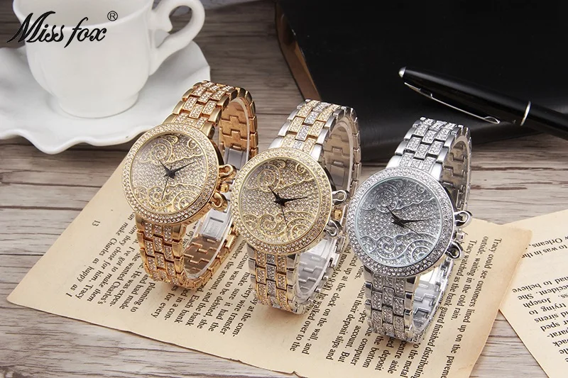 MISS FOX модные женские часы Топ люксовый бренд простые металлические Стразы