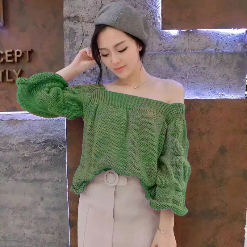 2019 spring new Casual Women Loose Knitted Top Pullovers Sexy Off Shoulder Ruched Slash Neck sweater | Женская одежда