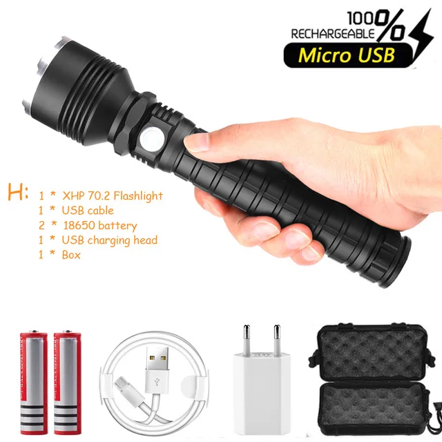 Package H Супер яркий светодиодный фонарик XHP70.2 самый мощный фонарик USB Zoom СВЕТОДИОДНЫЙ Фонарь XHP70 XHP50 18650 батарея Лучший Отдых на природе - Испускаемый цвет: Package H