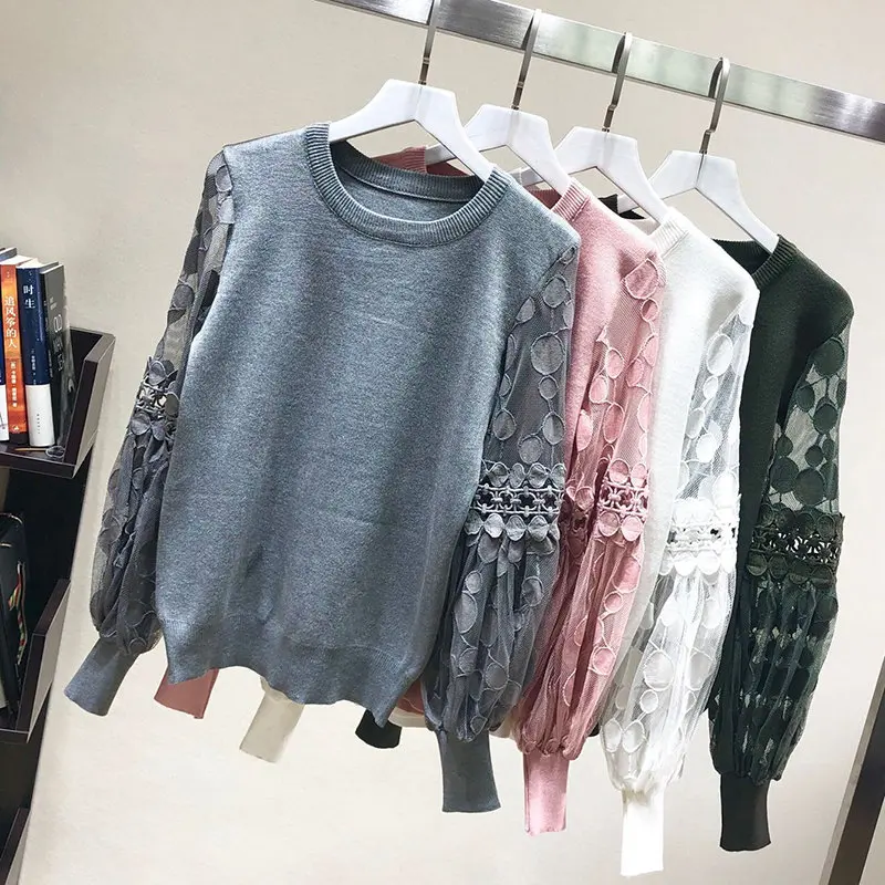 MAXDIROO Women Spring Autumn Knitted Pullover And Sweaters Hollow Out Lace Lantern Sleeve Tops Sueter Mujer | Женская одежда
