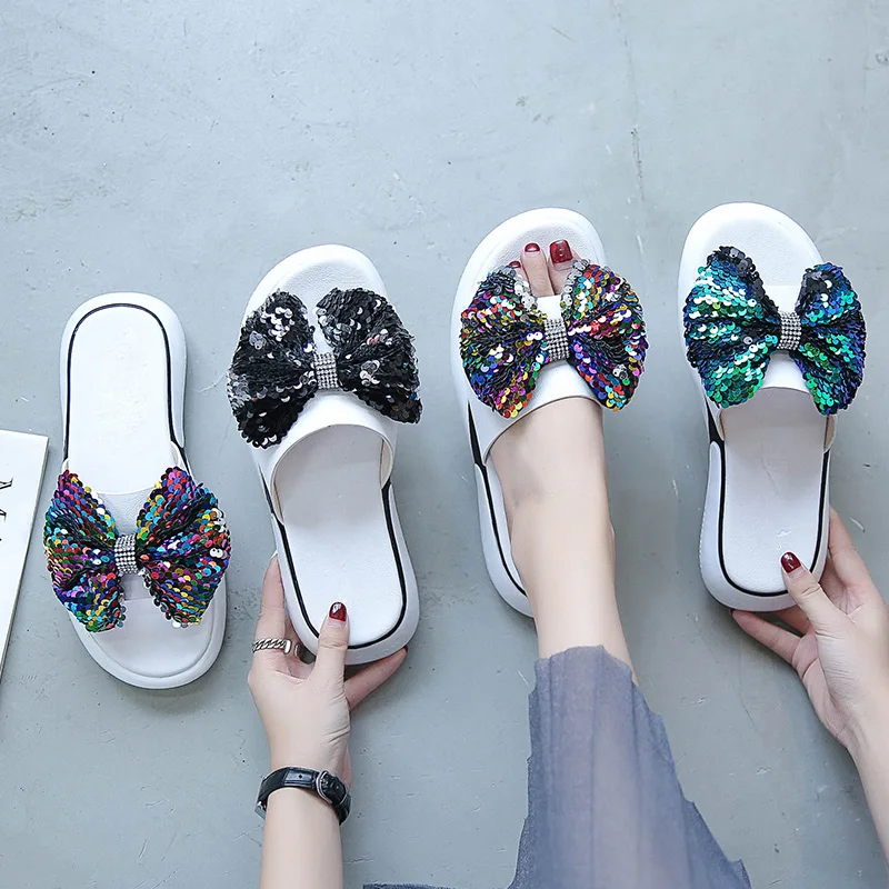 Блестки Лук узел сандалии со стразами Для женщин летние Туфли без каблуков на