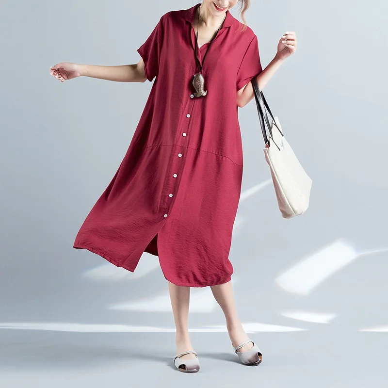 Женское платье-рубашка из хлопка и льна в винтажном стиле больших размеров