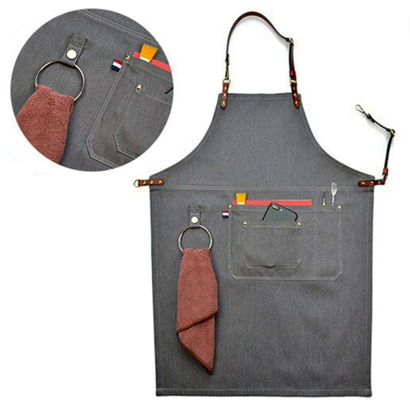 

2018 Senior Denim cowboy BBQ Apron Bib Leather Straps Kitchen Apron for Women Men Barber cooking Restaurant Waitress Print Logo