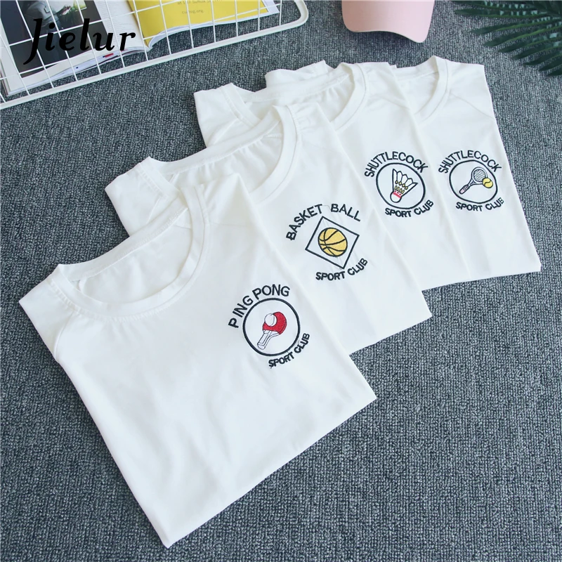 Jielur 8 стиль Kawaii вышивка Корейская футболка Женская Harajuku больших размеров