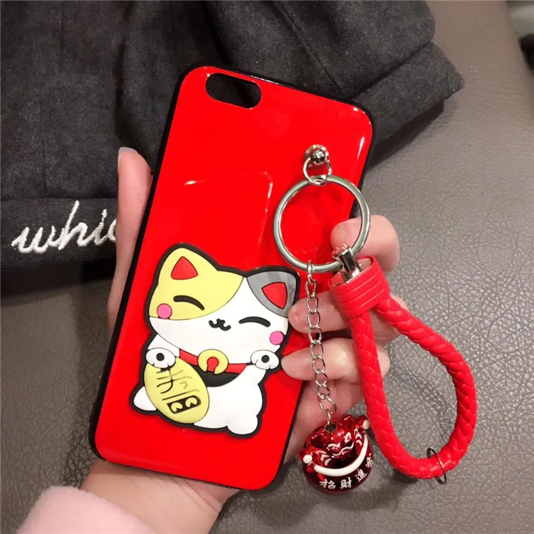 Kuutti мягкий красный Kawaii Maneki Neko Cat Чехол для телефона с ремешок колокольчиком iPhone 6