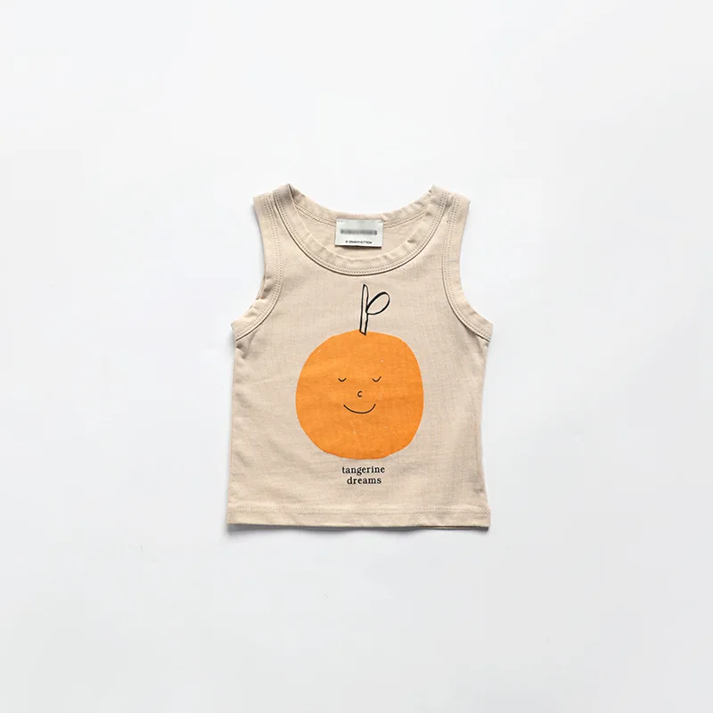 beige apply Bobo Choses/ г.; модная летняя детская майка; футболка для мальчиков и девочек; Bobo Chose; топы на бретелях с принтом вишни и яблока - Цвет: beige apply