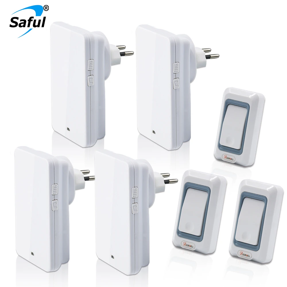 

Saful 110V-220V EU/US/UK/AU Plug Combination Wireless Doorbell 3 Outdoor Push Button Transmitters + 4 Indoor Receiver