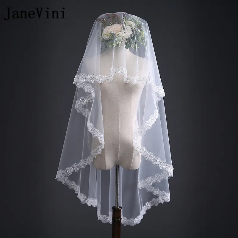 

JaneVini 2018 Soft Tulle Ivory Bridal Veils with no Comb One Layers Sequins Appliques Edge Wedding Veil Bride Accessories Lange