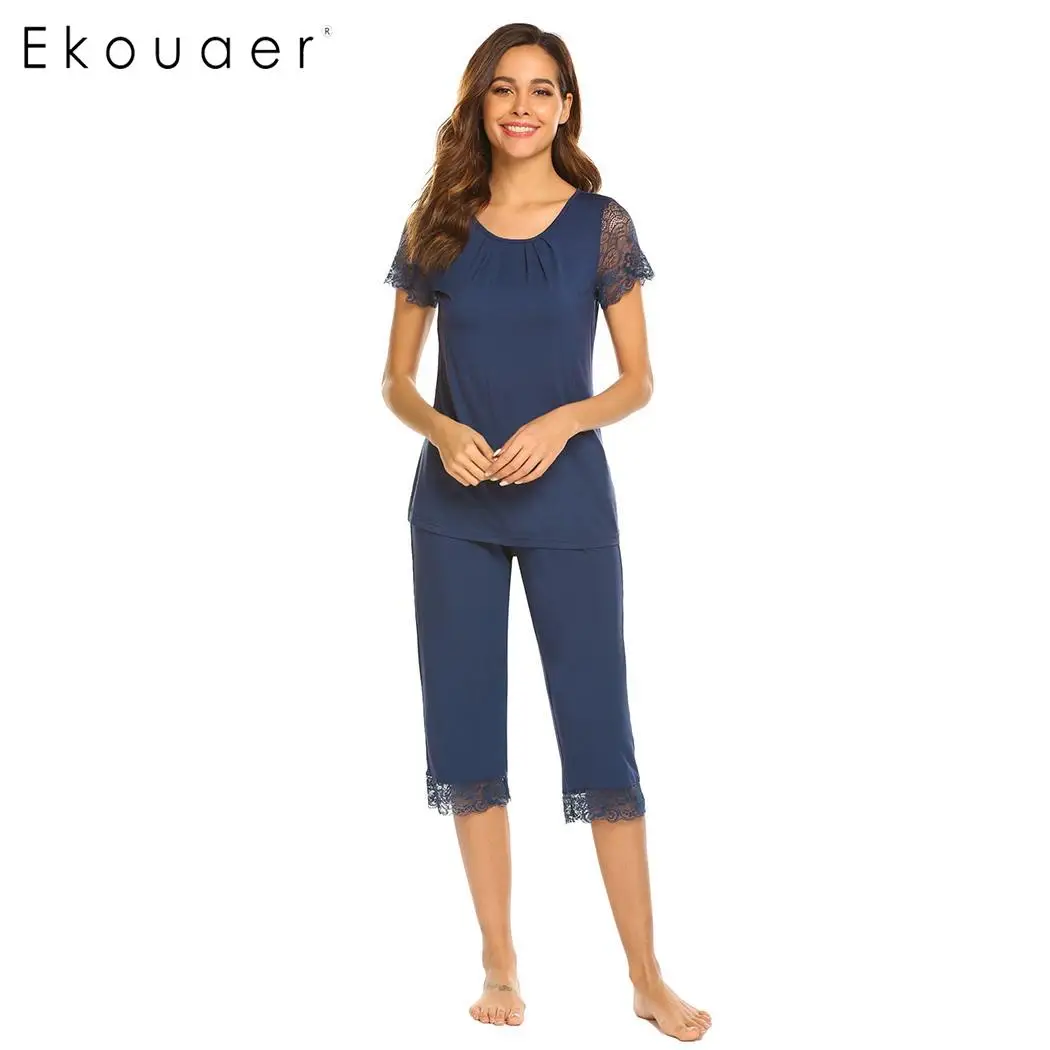navy blue Ekouaer, женская пижама, пижама, набор, чистый цвет, круглый вырез, короткий рукав, кружево, пэчворк, вискоза, пижама, Летнее белье, пижама - Цвет: navy blue