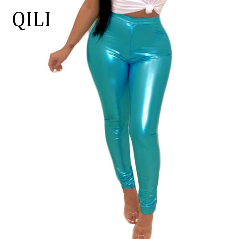 

QILI Women Bronzing Pencil Pants Trousers Mint Color Elastic Waist Mid Waist Skinny Long Pants Casual Women Pants Bottom