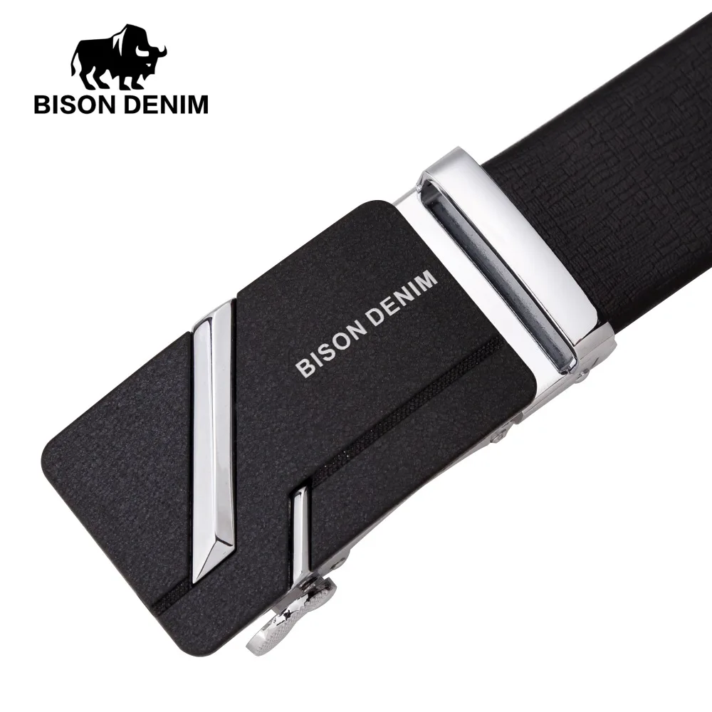 Мужской ремень BISON DENIM черный из натуральной кожи с автоматической пряжкой