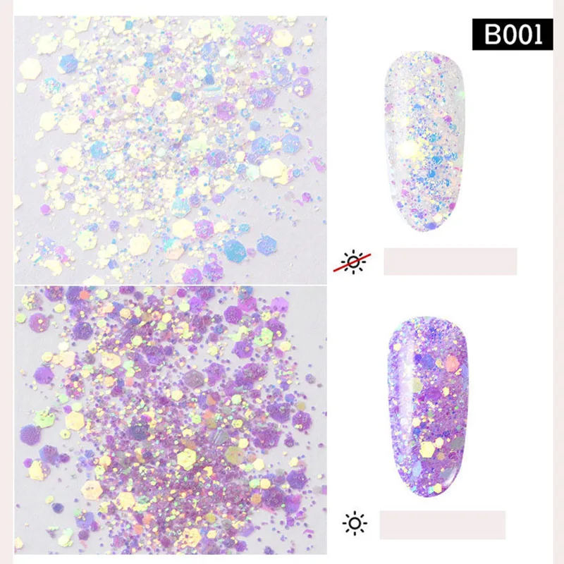 6 Box Sun Light UV Sensitive Changing Color Mixed Size Flakes Glitter Powder Manicure 3D nail design holographic glitter | Красота и